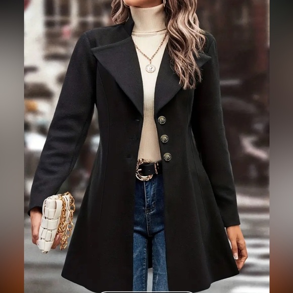 NWT Solid Single Button Lapel Overcoat, Versatile Long Sleeve Winter Outwear - Picture 3 of 3